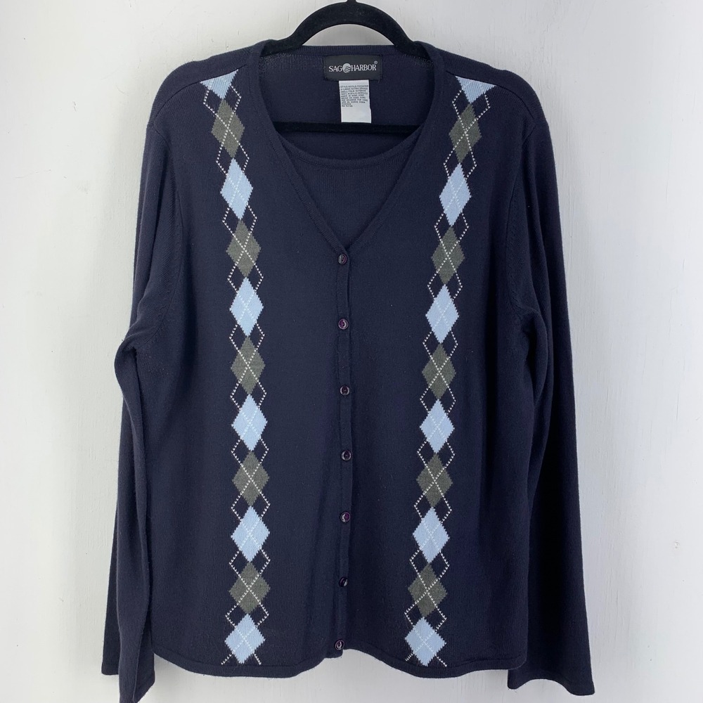 Vtg Schoolgirl Dark Academia Librarian Womens XL Argyle Sweater Fall Preppy Blue